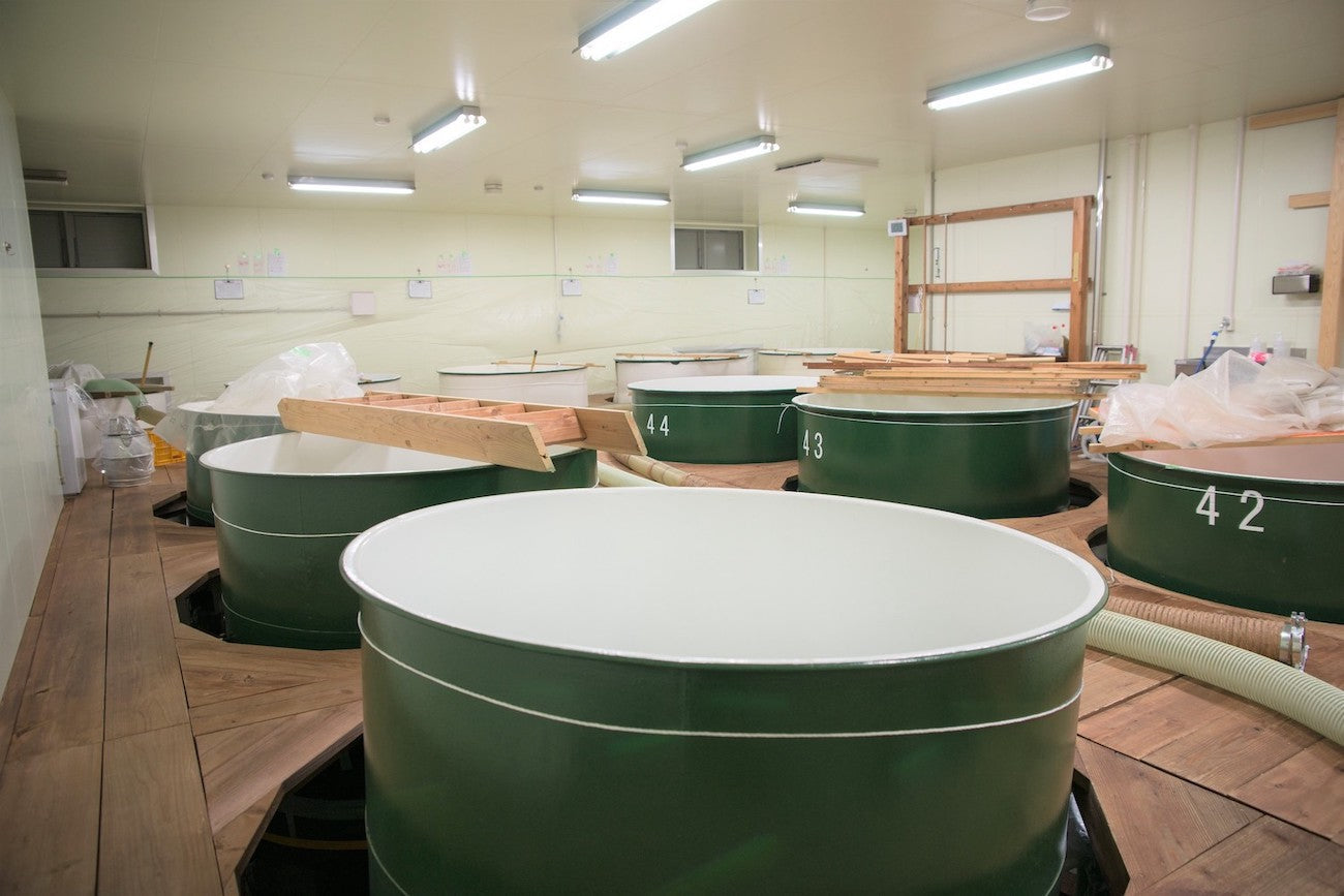 Fermentation tanks inside the Hagino Shuzo brewery